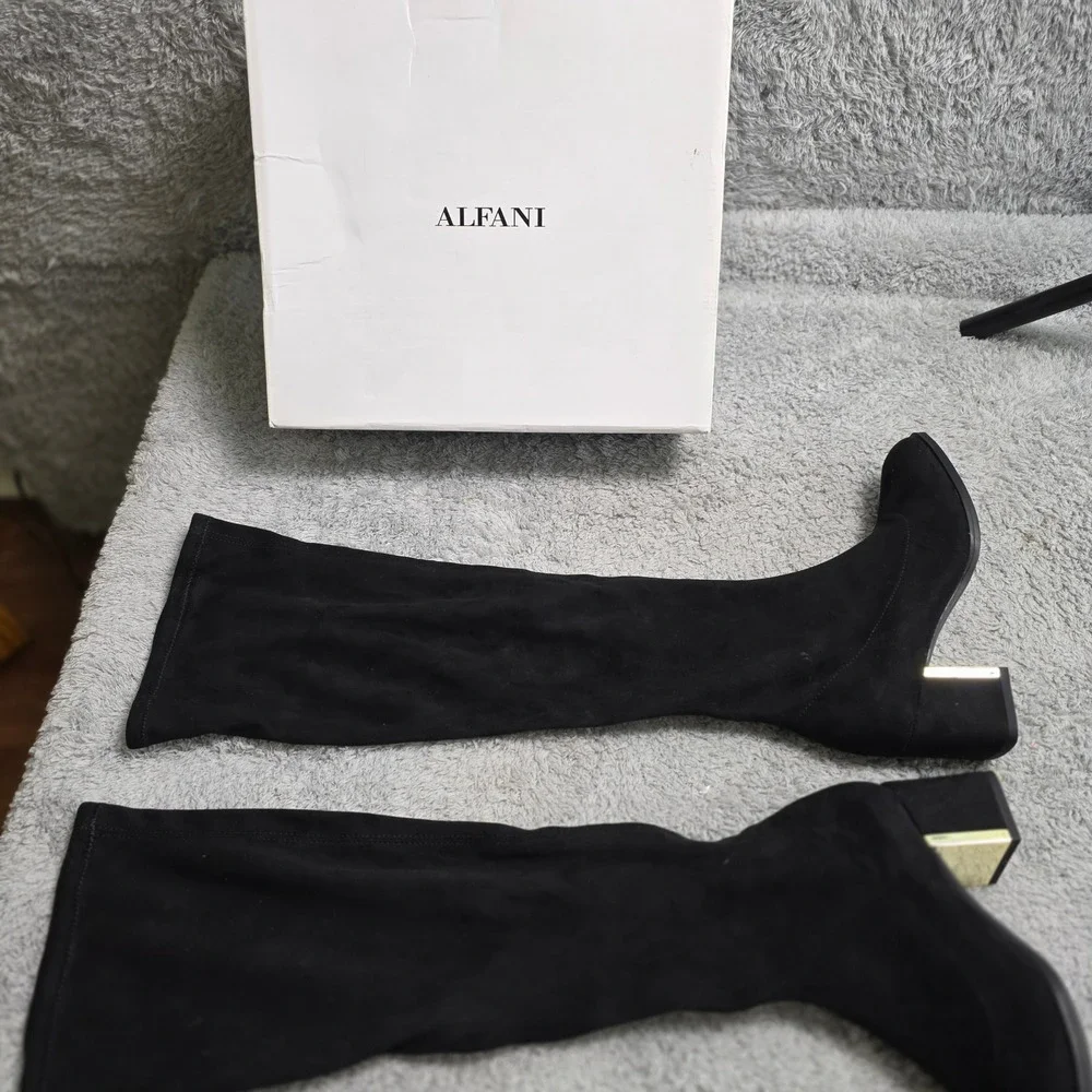 Alfani Nanda Black Faux Suede Over The Knee Boots Gold Heel Women's‎ Size 5 NEW